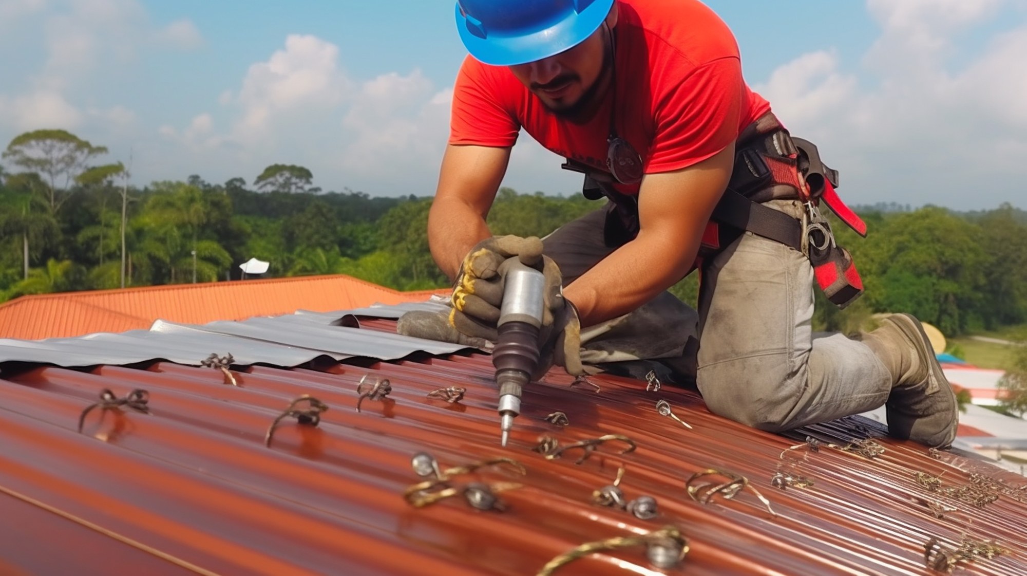 Construction worker install new roof Roofing tools
